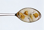 Cheese & nut sauce with chopped walnuts & Roquefort on spoon