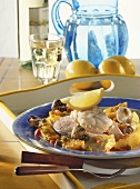 Saffron potatoes with fish and clams