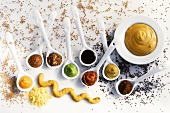 Various types of mustard on white spoons and in bowl