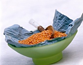 Red lentils on paper in pale-green bowl with spoon
