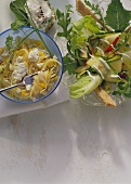 Spaghetti cheese; herb quark & bread; vegetable salad