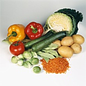 Various vegetables, including Brussels sprouts & red lentils