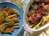 Safrangemüse; Fenchel mit Tomaten-Oliven-Sauce und Parmesan