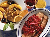 Roast beef with cranberry sauce; roast veal with oranges