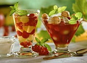 Fruit in champagne jelly; cold  cherry soup with amarettini