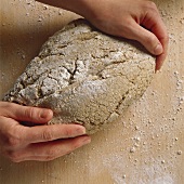 Making brown bread: hands forming longish loaf
