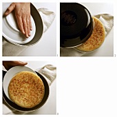 Turning rosti in pan with a plate