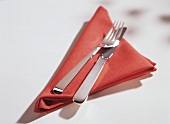Cutlery (knife, fork) on red fabric napkin