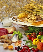 Still life with vegetables, fish, fruit, cereals, pasta