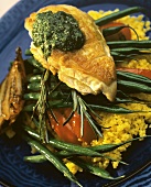 Chicken Breast with Pesto Over Green Beans and Saffron Coucous