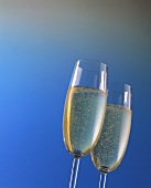 Two champagne glasses against a blue backdrop