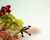 Still life with grapes, sprouts, nuts, green pepper