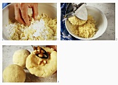 Making potato dumplings (potato ricer; mixing dough)