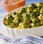 Brussels sprout and polenta gratin in baking dish