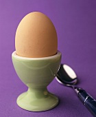 An egg in an egg cup, with spoon beside it