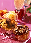 Heart muffins and Merci muffins with praline; roses; champagne