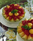 Melon and strawberry salad in hollowed-out melon halves