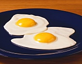 Two fried eggs on a black plate