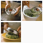 Making rice ring with peas and herbs