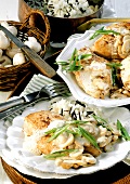 Chicken breast in mushroom with rice and spring onions