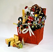 Gift hamper with various foods and drinks