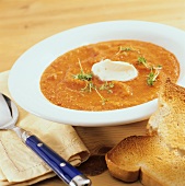 Pureed pepper soup with cress and toast