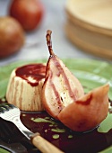 Poached pears with vanilla blancmange and cinnamon