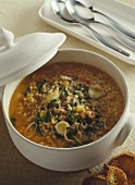 Pearl barley soup with leeks in a soup tureen