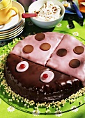 Pink beetle cake with chocolate drops for children's party
