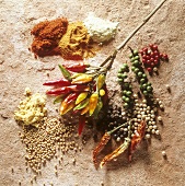 Still life with hot spices (pepper, chili, paprika)