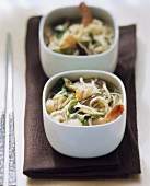 Vietnamese noodle soup with shrimps, spinach and mushrooms