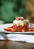 Strawberry & vanilla confection with icing sugar on plate