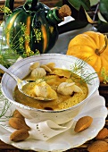 Pumpkin soup with almond dumplings for Thanksgiving