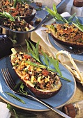 Aubergines with mince and tomato stuffing and tarragon