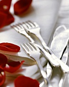 Besteck auf Tisch mit weissen Servietten & Rosenblättern