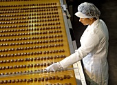 Arbeiterin bei der Produktion von Schokoladenpralinen
