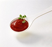 Tomatenketchup mit Kräuterblättchen auf einem Löffel