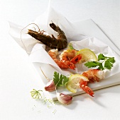 Fresh and cooked shrimps; lemons; garlic; herbs