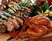 Marinated chicken, roast lamb, herbs and vegetables