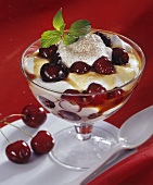 Cherry sundae with yoghurt mousse and cream