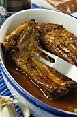 Honey garlic spare ribs in roasting dish