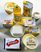 Various fats and oils, some in packaging