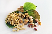 Pine nuts and pistachios on leaves