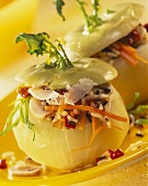 Stuffed kohlrabi with mushrooms, vegetable rice & Parmesan