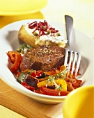 Beef fillet on ratatouille with quark potatoes
