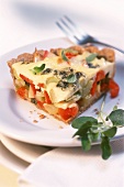 Piece of buckwheat tart with cheese and herbs