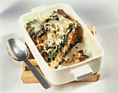 Chard and rice bake with mince in baking dish