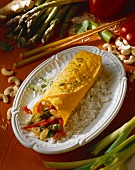 Asparagus wrap with peppers on rice