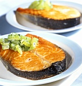 Salmon steaks with cucumber and coriander