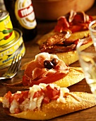 Spanish tapas: bread with various toppings